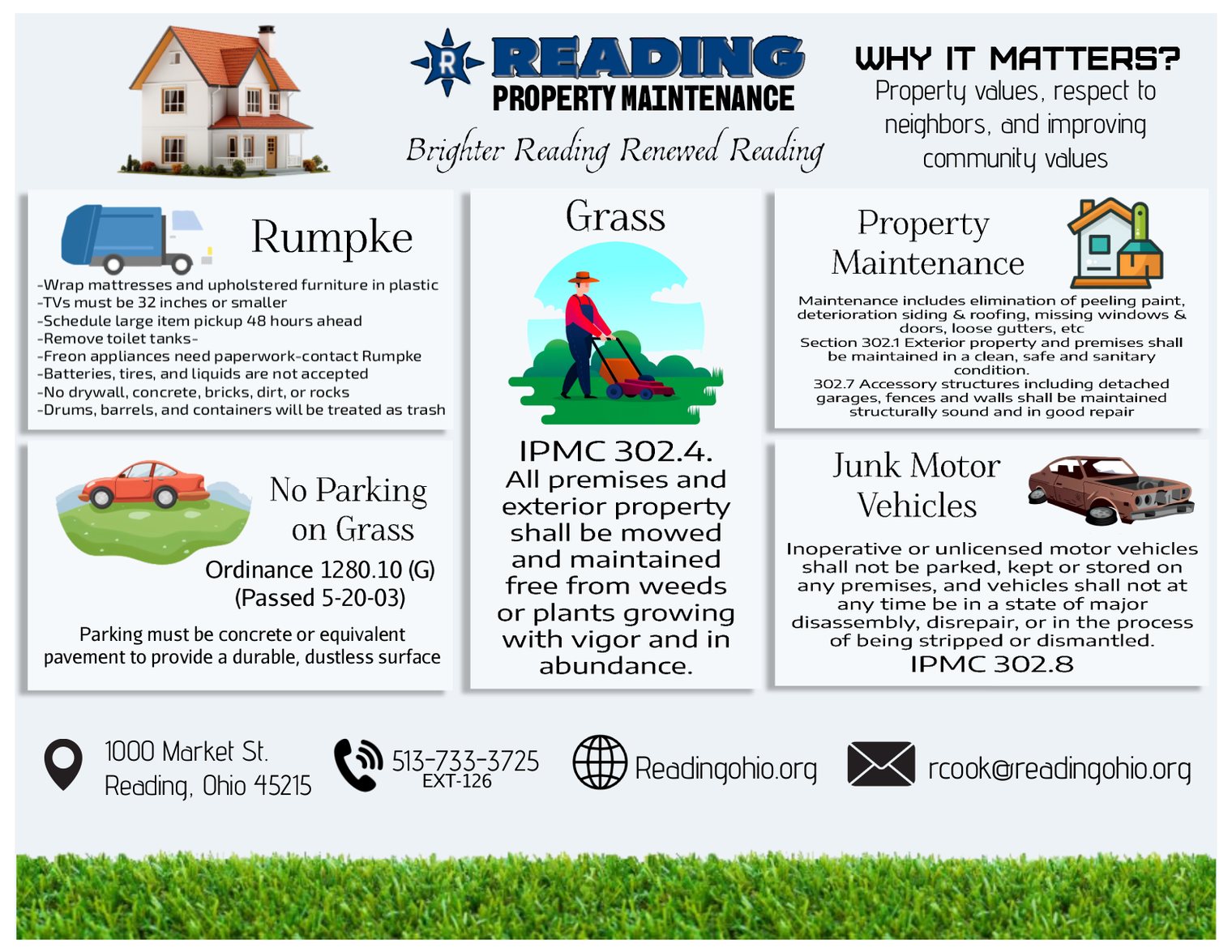 City of Reading property maintenance flyer: trash and large-item rules, grass and parking ordinances, and property maintenance code sections